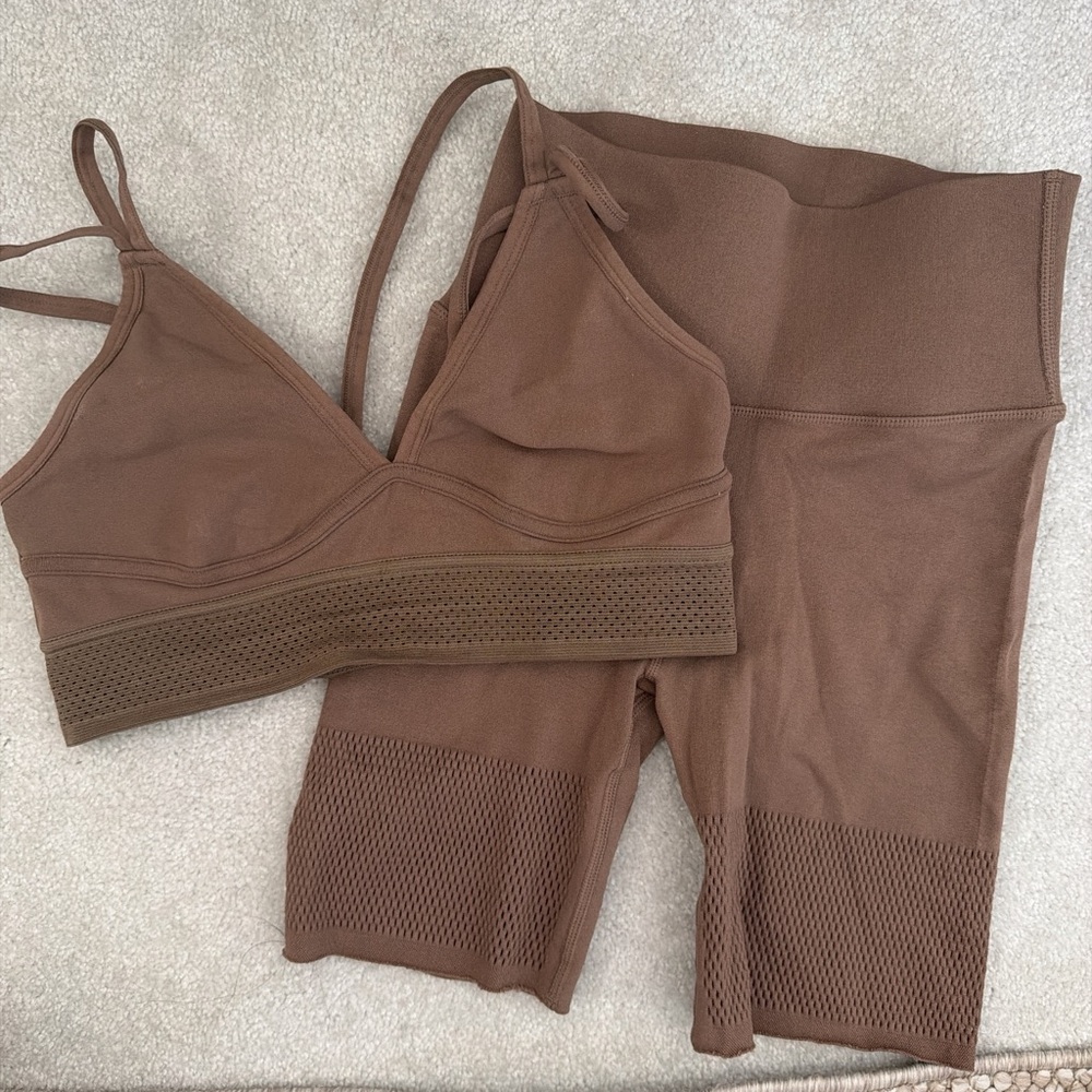 Fabletics Brown Sports Bra and biker shorts Set